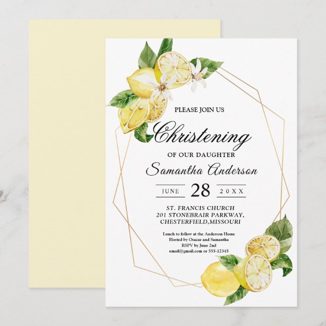 Invitación Lemones Amarillos Modernos y Belleza de Marco Dora (Anverso / Reverso)