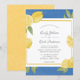 Invitación Lemones amarillos y Boda de acuarela azul