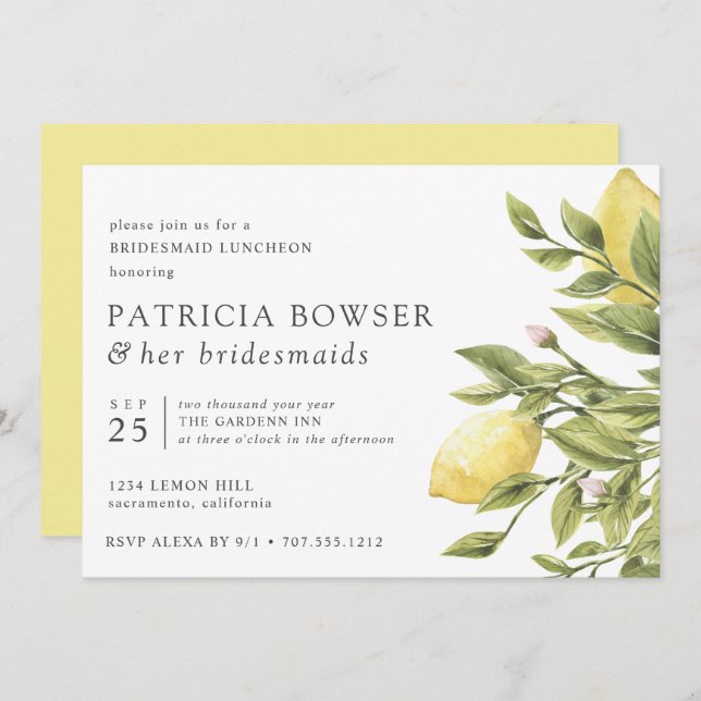 Invitación Lemones amarillos y hojas Novia Luncheon (Anverso / Reverso)