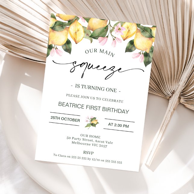 Invitación Lemones florales rosas nuestro principal apretón d (Lemon MAIN SQUEEZE 1st Birthday Invitation Lemonade Birthday Party Invitation Pink Floral Lemons )