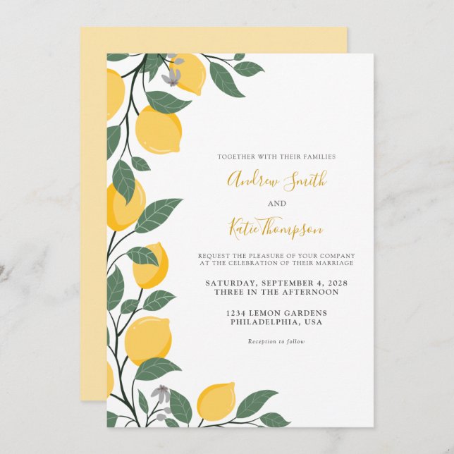 Invitación Lemones modernos y deja Boda de caligrafía (Anverso / Reverso)