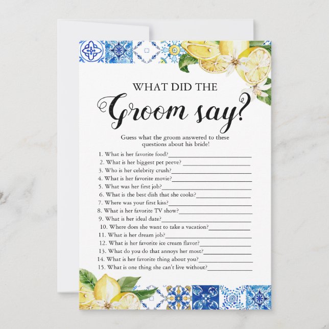 Invitación Lemones ¿Qué dijo el Groom del juego de la ducha d (Anverso)