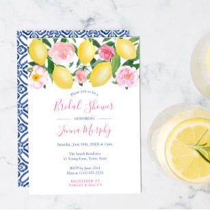 Invitación Lemones toscanos color de agua rosa Floral ducha d