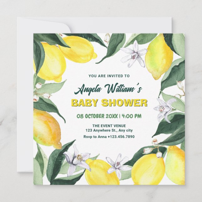 Invitación Lemones y flores de ducha de bebé (Anverso)