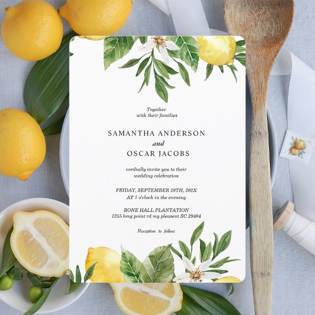 Invitación Lemones y hojas amarillas de color acuático modern (Subido por el creador)