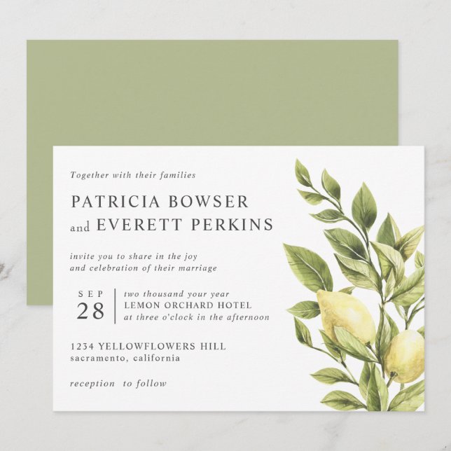 Invitación Lemones y hojas boda botánico acuarela (Anverso / Reverso)
