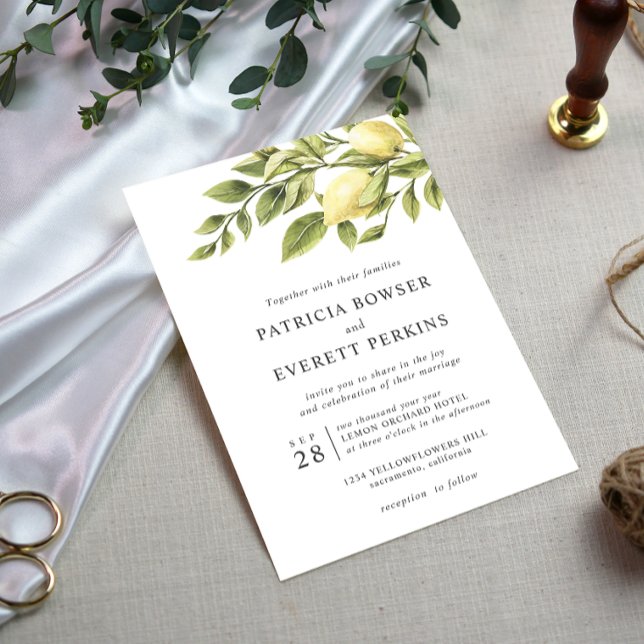 Invitación Lemones y hojas boda botánico acuarela (Subido por el creador)