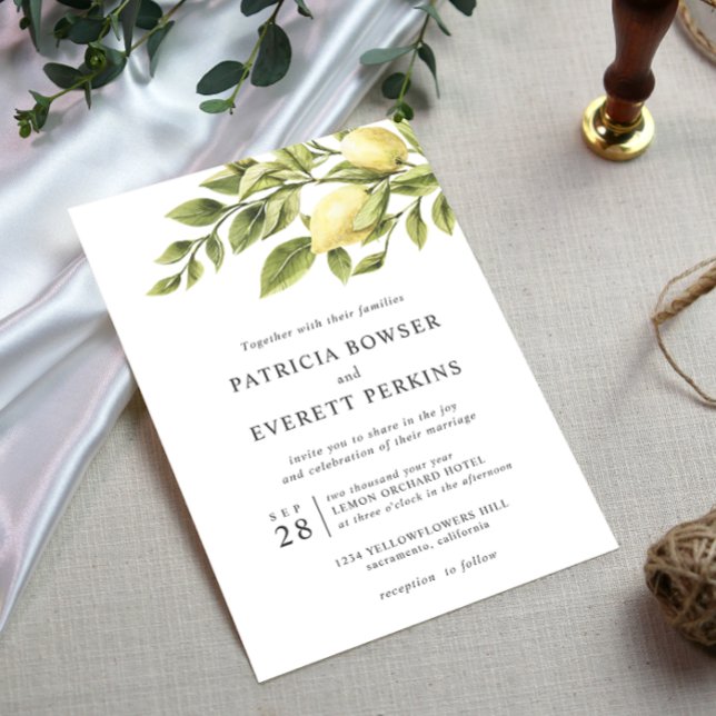 Invitación Lemones y hojas boda botánico acuarela (Subido por el creador)