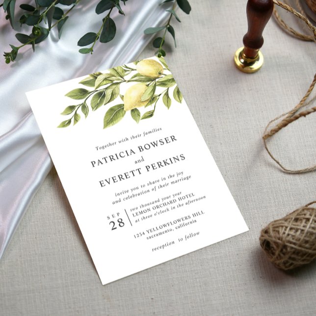 Invitación Lemones y hojas boda de moda de acuarela (Subido por el creador)