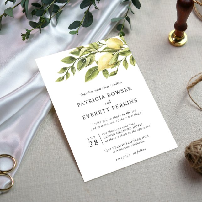 Invitación Lemones y hojas boda de moda de acuarela gris (Subido por el creador)