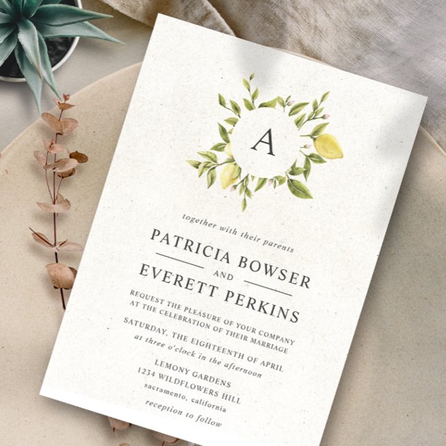 Invitación Lemones y hojas Monograma gris Boda de acuarela (Subido por el creador)