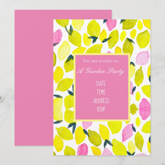 Invitación Lemons acuarela diseño moderno fiesta jardín (Anverso / Reverso)