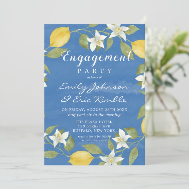 Invitación Lemons and Blue Watercolor Engagement Party (Anverso de pie)