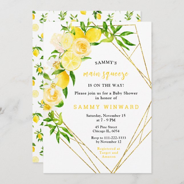 Invitación Lemons and Flowers with Foliage Baby Shower (Anverso / Reverso)