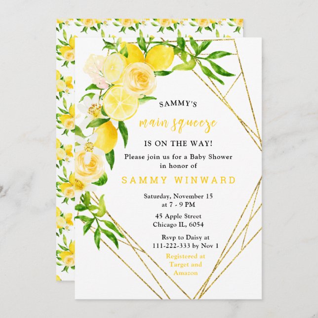 Invitación Lemons and Flowers with Foliage Baby Shower (Anverso / Reverso)
