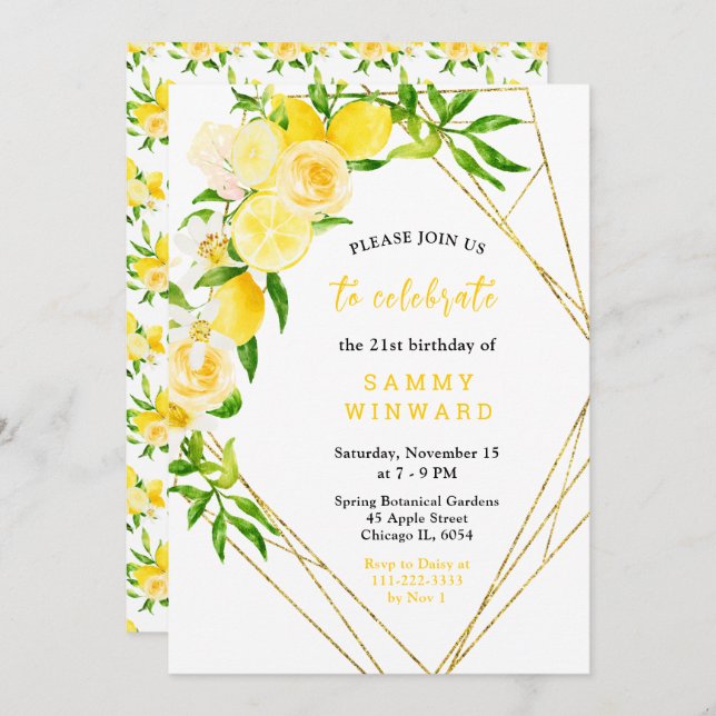 Invitación Lemons and Flowers with Foliage Birthday (Anverso / Reverso)
