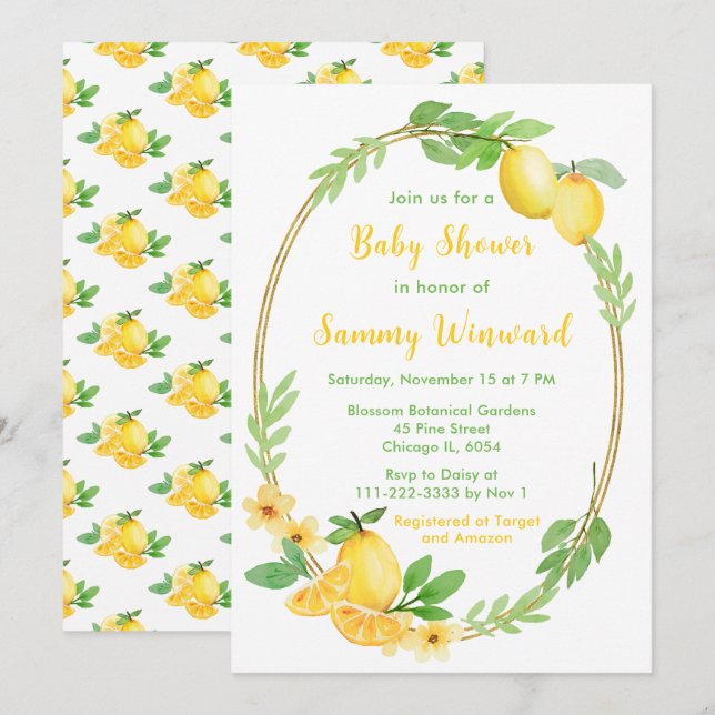 Invitación Lemons and Greenery Baby Shower (Anverso / Reverso)