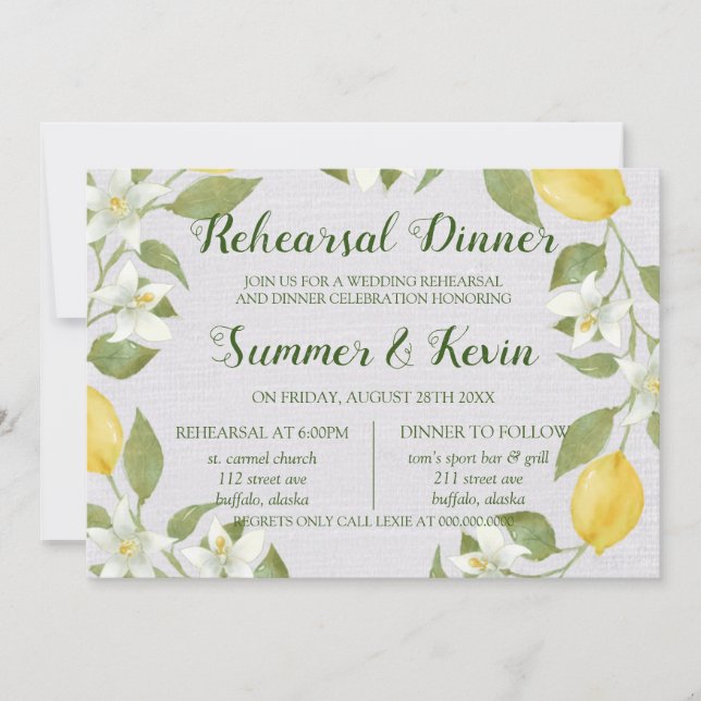 Invitación Lemons and Linen Watercolor Reensayar Cena (Anverso)