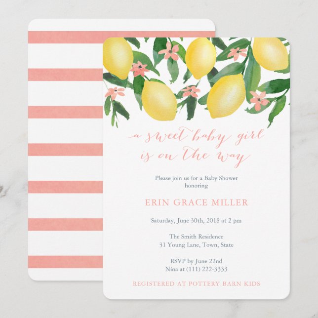 Invitación Lemons Baby Shower, Sweet Baby Girl On the Way (Anverso / Reverso)