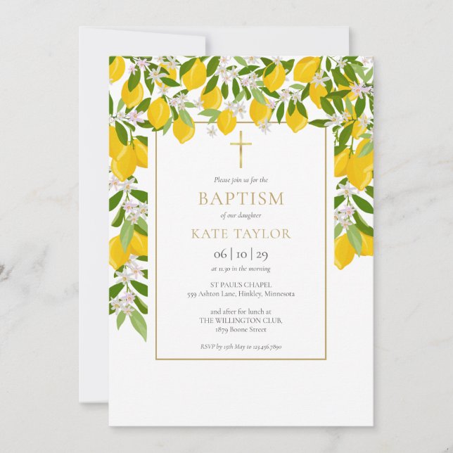 Invitación Lemons Blossom Greenerenery Gold Baptism Christeni (Anverso)