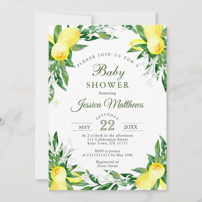 Invitación Lemons Blossom Greenery NEUTRAL Baby Shower (Anverso)