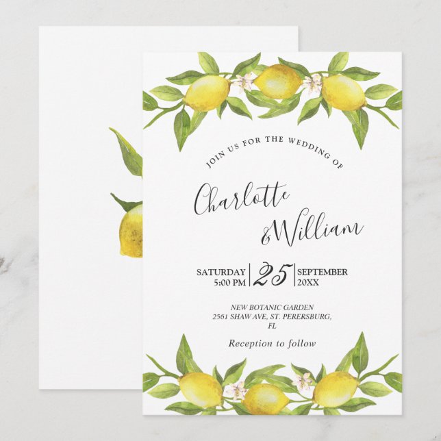 Invitación Lemons Blossom Greenery Watercolor Boda (Anverso / Reverso)