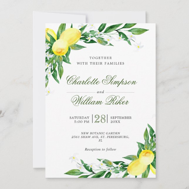 Invitación Lemons Blossom Greenery Watercolor Boda (Anverso)