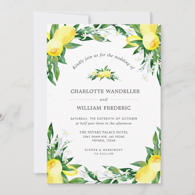 Invitación Lemons Blossom Greenery Watercolor Boda (Anverso)