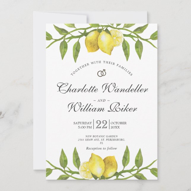 Invitación Lemons Blossom Greenery Watercolor Boda (Anverso)