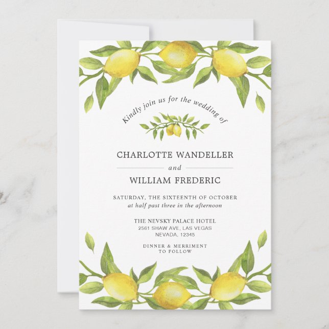 Invitación Lemons Blossom Greenery Watercolor Boda (Anverso)