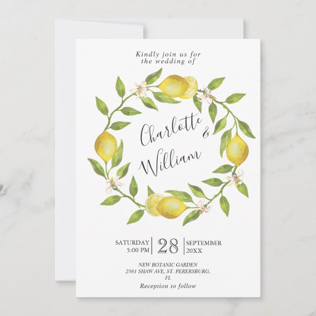 Invitación Lemons Blossom Greenery Watercolor Boda (Anverso)