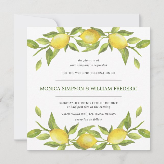 Invitación Lemons Blossom Greenery Watercolor Boda (Anverso)