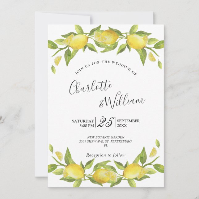 Invitación Lemons Blossom Greenery Watercolor Boda (Anverso)
