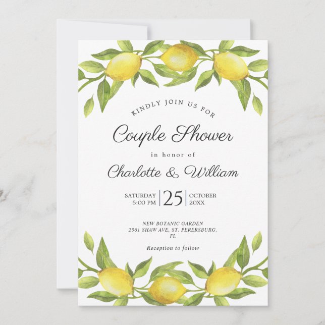 Invitación Lemons Blossom Greenery Watercolor Ducha Pareja (Anverso)