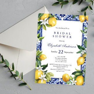 Invitación Lemons Blue White Mediterranean Tile Bridal Shower