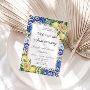 Invitación Lemons Floral Blue Tiles 50 aniversario Boda
