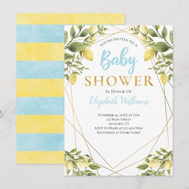 Invitación Lemons Geometric Frame Blue Boy Baby Shower (Anverso / Reverso)