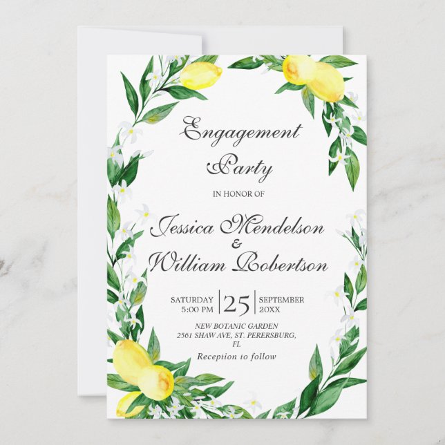 Invitación Lemons Greenery Blossom Engagement Party (Anverso)