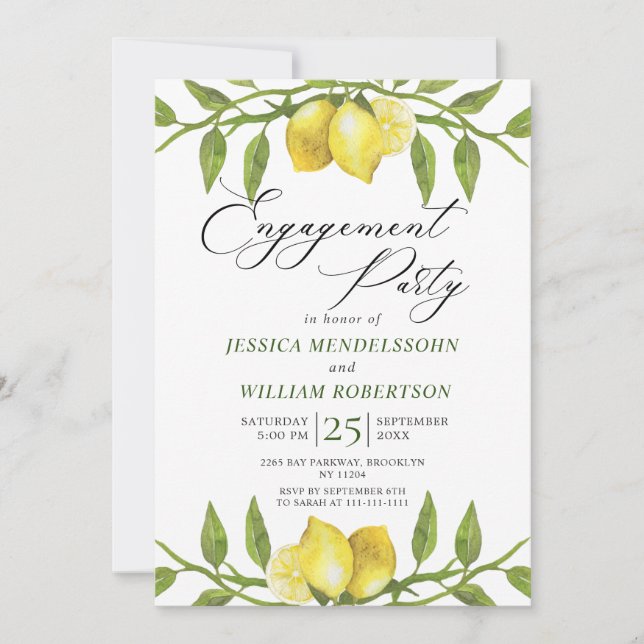 Invitación Lemons Greenery Blossom Engagement Party (Anverso)