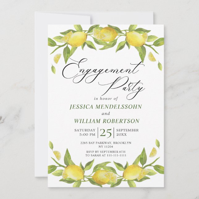 Invitación Lemons Greenery Blossom Engagement Party (Anverso)