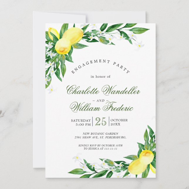 Invitación Lemons Greenery Blossom Engagement Party (Anverso)