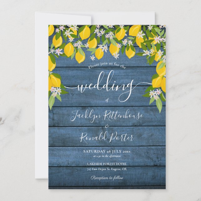 Invitación Lemons Greenery Blue Rustic Wood Boda (Anverso)