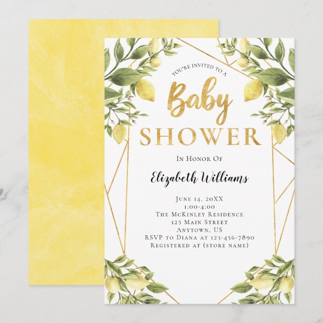 Invitación Lemons Greenery Geometric Frame Baby Shower (Anverso / Reverso)