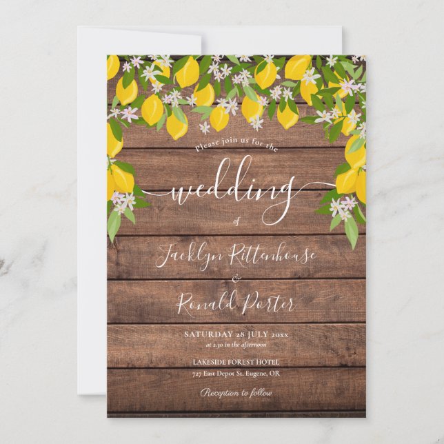 Invitación Lemons Greenery Rustic Wood Boda (Anverso)