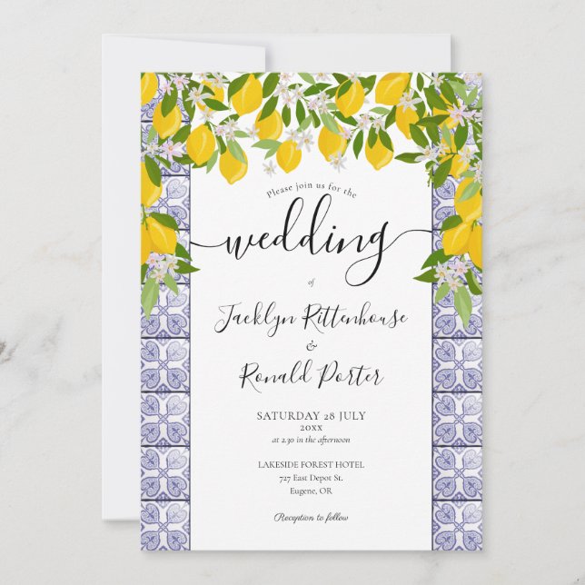 Invitación Lemons Greenery Tiles Script Boda (Anverso)