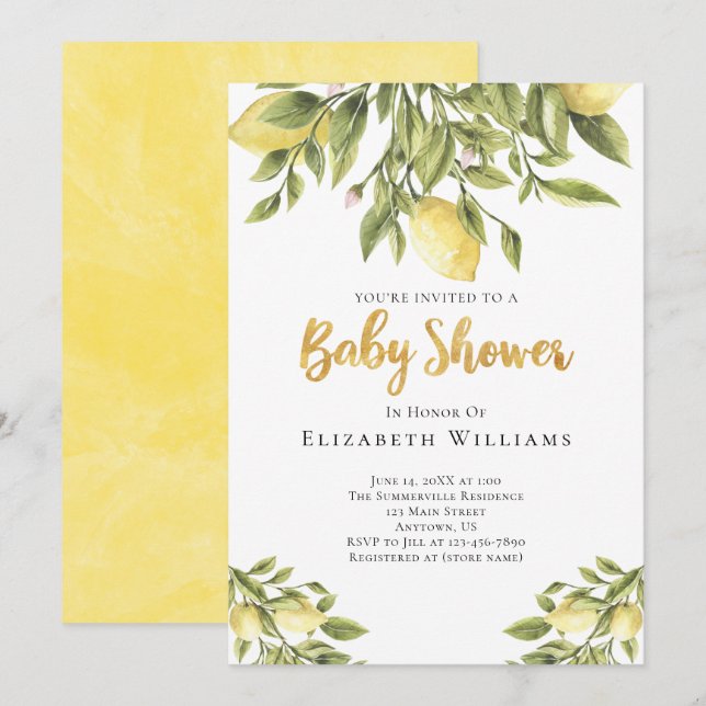 Invitación Lemons Greenery Watercolor Baby Shower (Anverso / Reverso)