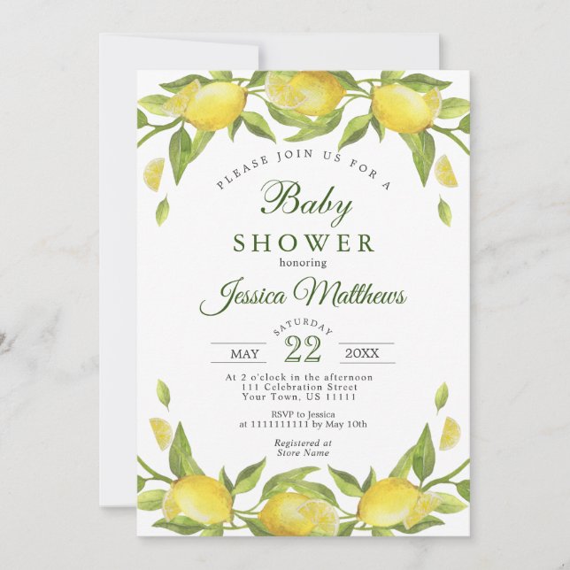 Invitación Lemons Greenery Watercolor NEUTRAL Baby Shower (Anverso)