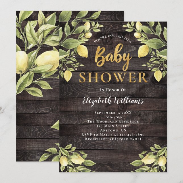 Invitación Lemons Greenery Wood Watercolor Baby Shower (Anverso / Reverso)