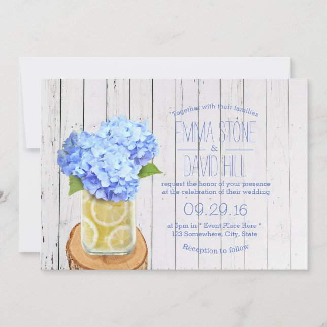 Invitación Lemons Jar y Blue Hydrangea Boda (Anverso)