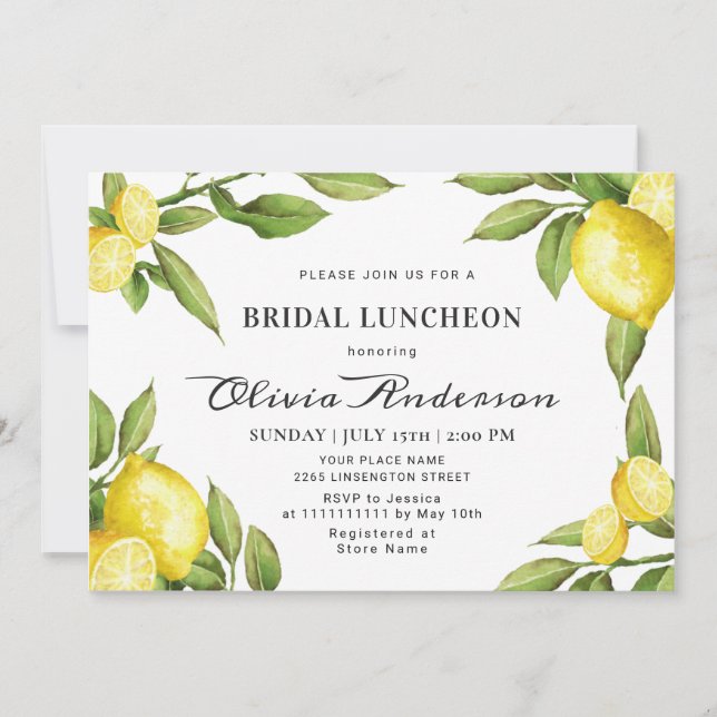 Invitación Lemons Moda Greenery Watercolor Bridal Luncheon (Anverso)